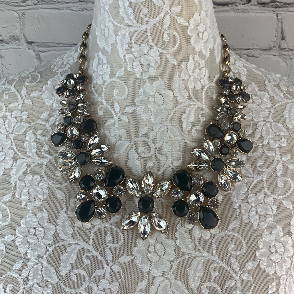 Statement Bib Necklace Black Clear Rhinestones - image 1